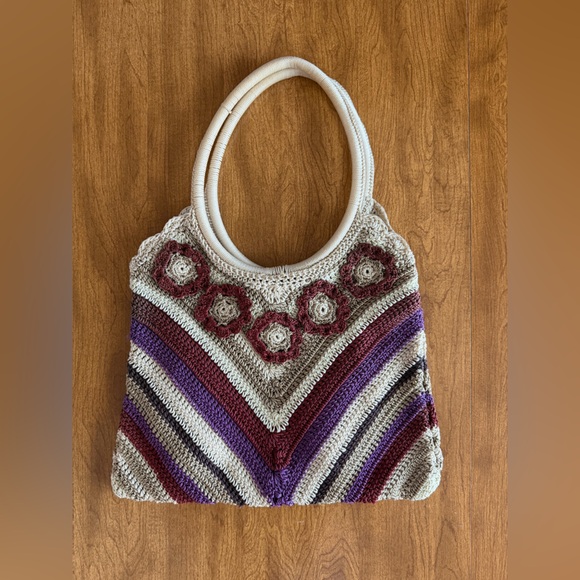 Vintage Crochet Floral Boho Shoulder Bag 70s Style Knit Purse Hippie Tote - Picture 9 of 13